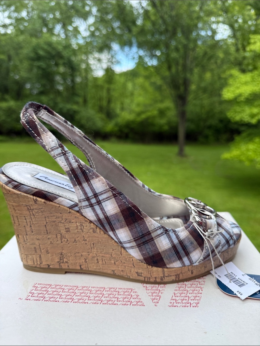 American Eagle Outfitters Brown Plaid Peep-Toe Slingback Wedge Sandals - Picture 9 of 14
